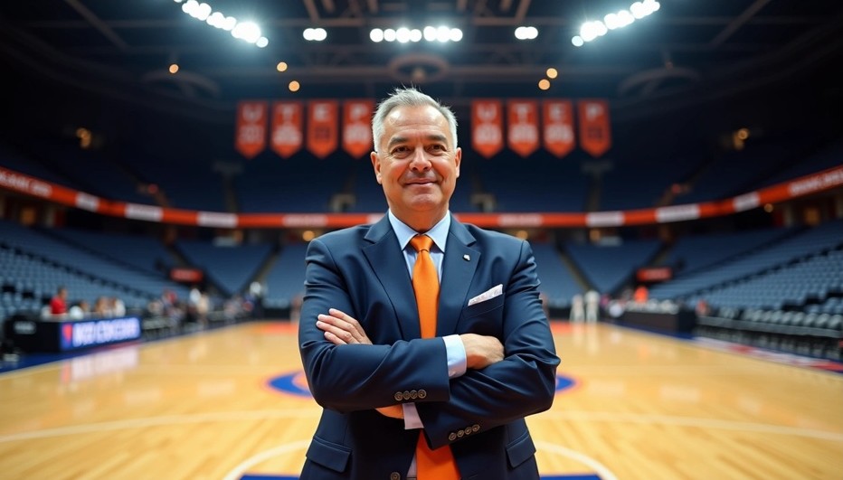 UTEP Basketball Coach Joe Golding standing in front of the basketball court
